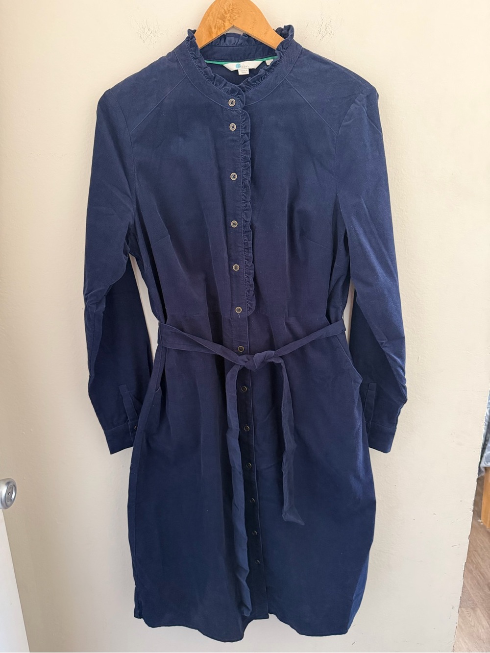 Boden Navy Blue Corduroy Belted Button Down Long Sleeve Shirt Midi Dress 12L